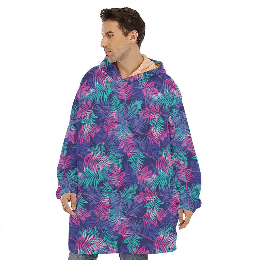 Pink And Blue Tropical Palm Leaf Print Hoodie Blanket