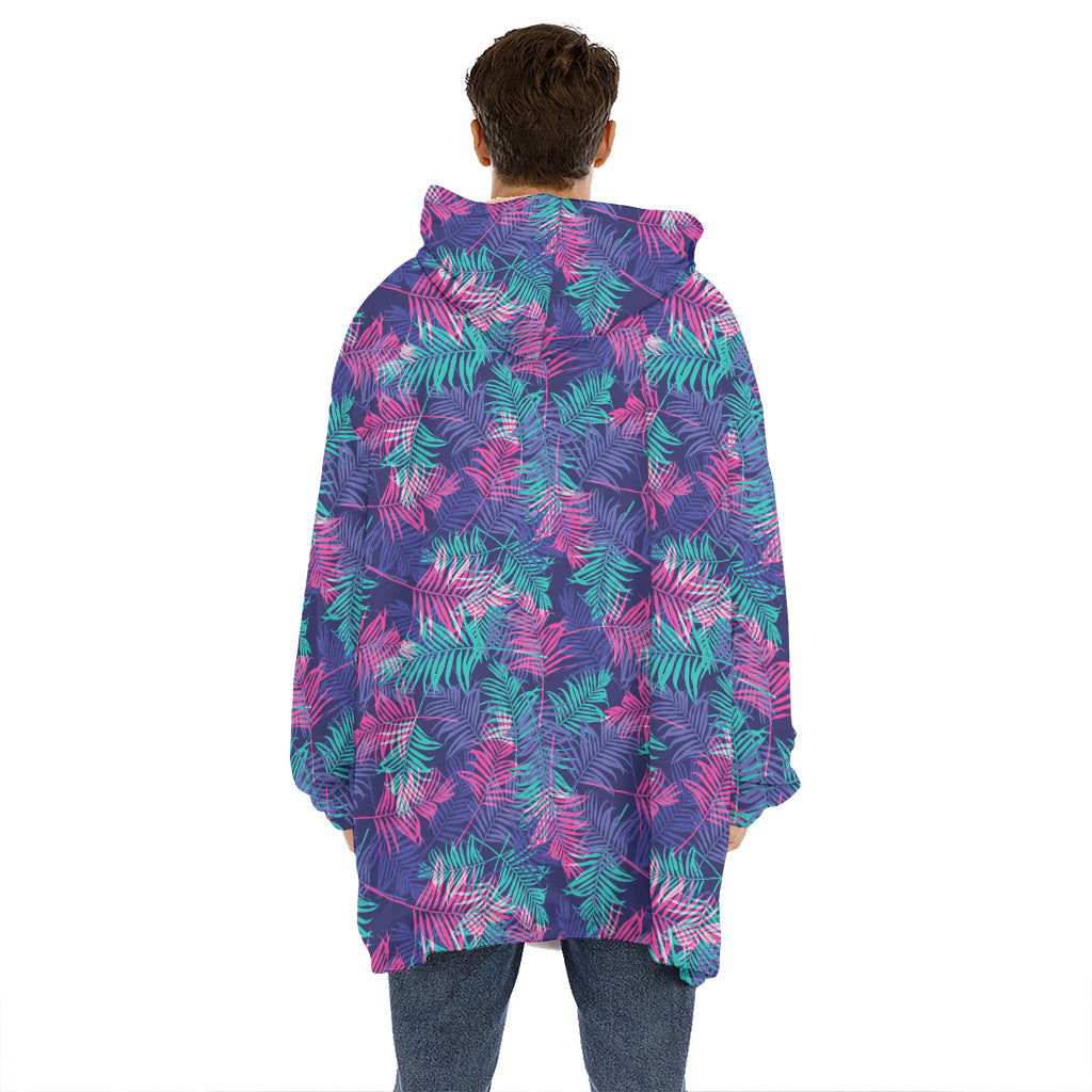 Pink And Blue Tropical Palm Leaf Print Hoodie Blanket