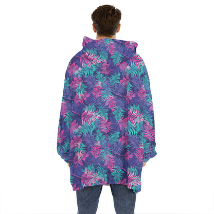 Pink And Blue Tropical Palm Leaf Print Hoodie Blanket