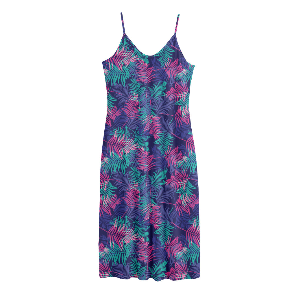 Pink And Blue Tropical Palm Leaf Print Jersey Midi Cami Dress