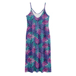 Pink And Blue Tropical Palm Leaf Print Jersey Midi Cami Dress