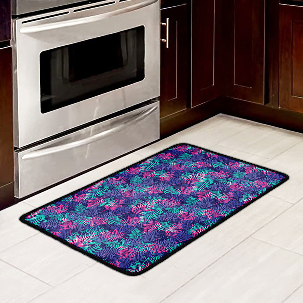 Pink And Blue Tropical Palm Leaf Print Kitchen Mat