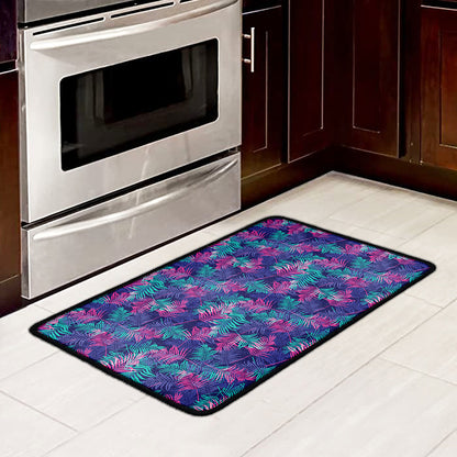 Pink And Blue Tropical Palm Leaf Print Kitchen Mat