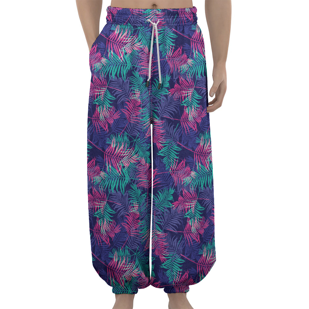 Pink And Blue Tropical Palm Leaf Print Lantern Pants