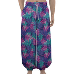 Pink And Blue Tropical Palm Leaf Print Lantern Pants