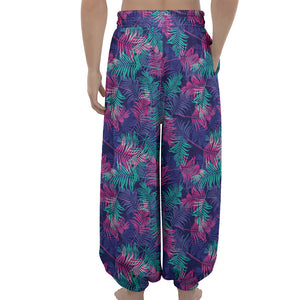 Pink And Blue Tropical Palm Leaf Print Lantern Pants