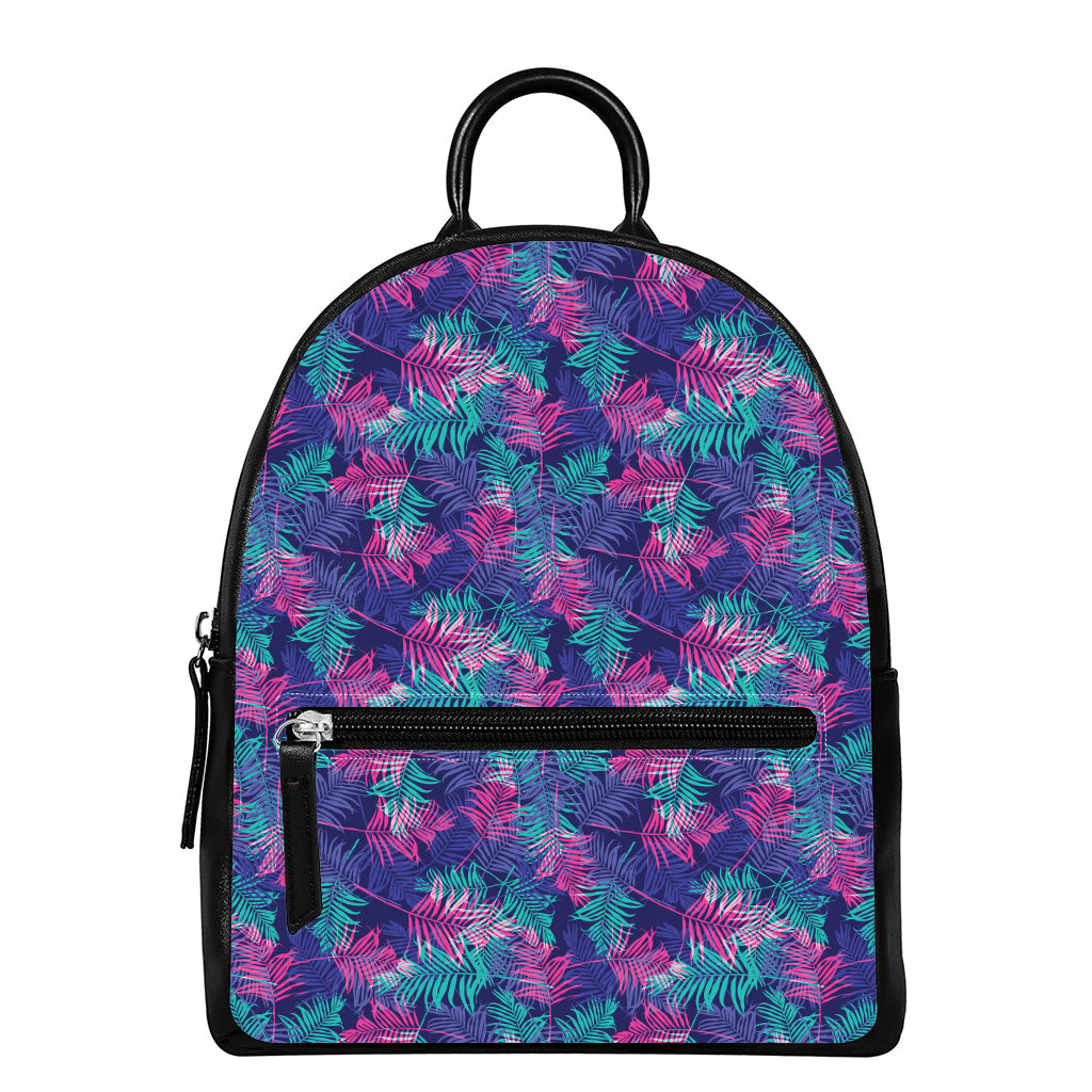Pink And Blue Tropical Palm Leaf Print Leather Backpack