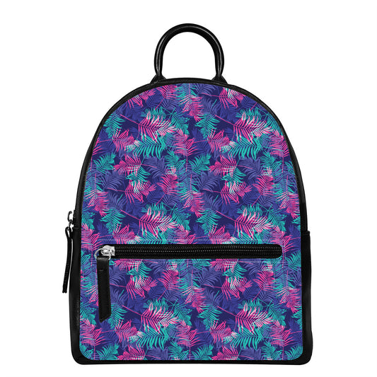 Pink And Blue Tropical Palm Leaf Print Leather Backpack