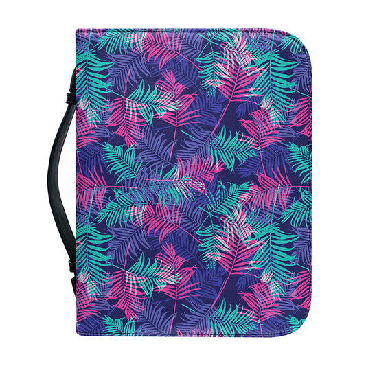 Pink And Blue Tropical Palm Leaf Print Leather Bible Cover