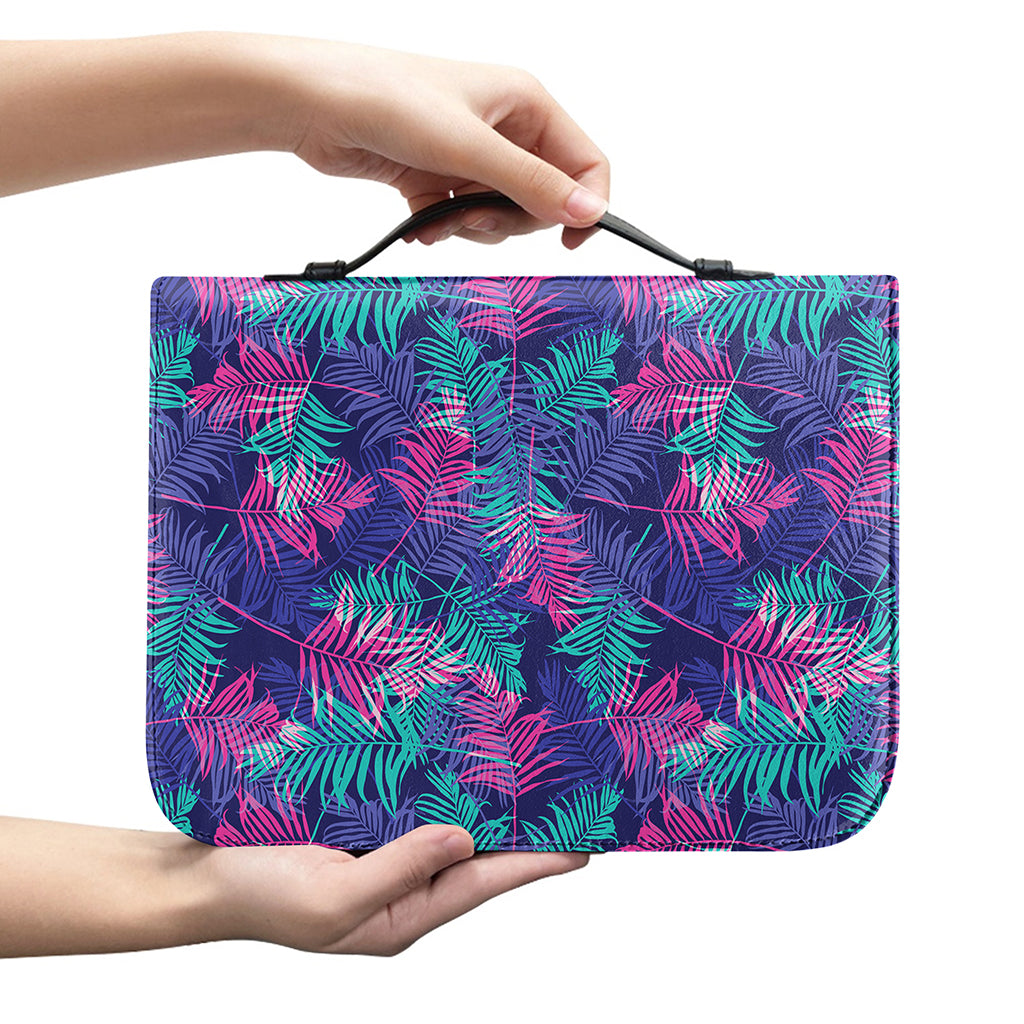 Pink And Blue Tropical Palm Leaf Print Leather Bible Cover
