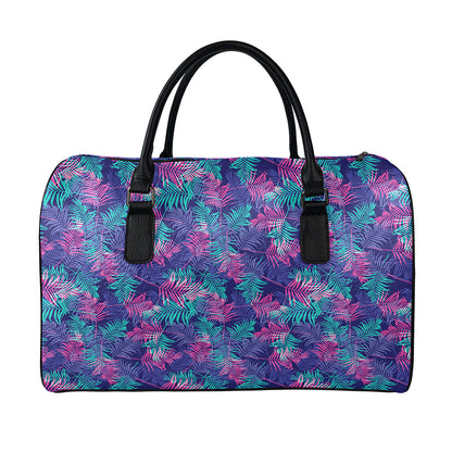 Pink And Blue Tropical Palm Leaf Print Leather Duffle Bag