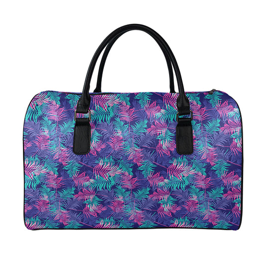 Pink And Blue Tropical Palm Leaf Print Leather Duffle Bag