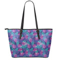 Pink And Blue Tropical Palm Leaf Print Leather Tote Bag With Zipper