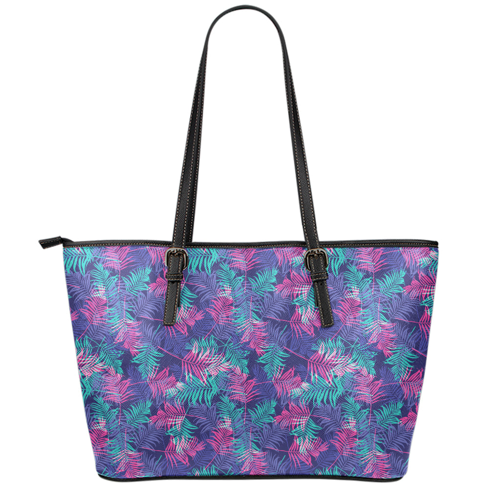 Pink And Blue Tropical Palm Leaf Print Leather Tote Bag