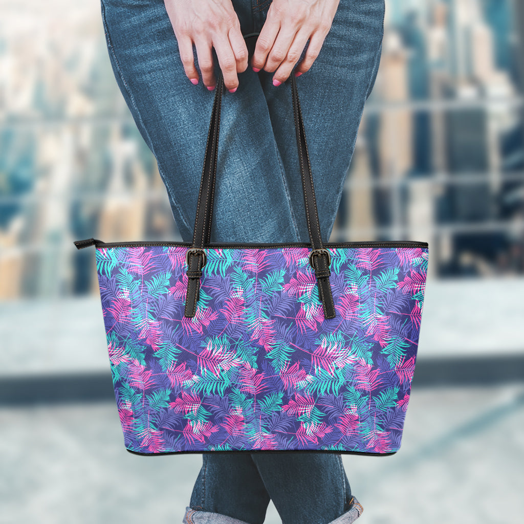Pink And Blue Tropical Palm Leaf Print Leather Tote Bag