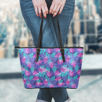 Pink And Blue Tropical Palm Leaf Print Leather Tote Bag