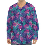 Pink And Blue Tropical Palm Leaf Print Long Sleeve Baseball Jersey