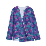 Pink And Blue Tropical Palm Leaf Print Long Sleeve Short Coat
