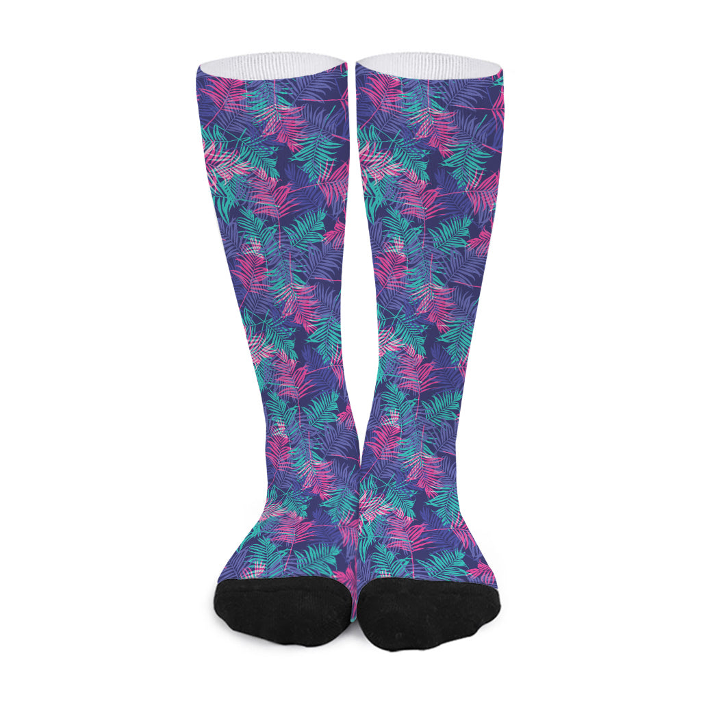 Pink And Blue Tropical Palm Leaf Print Long Socks