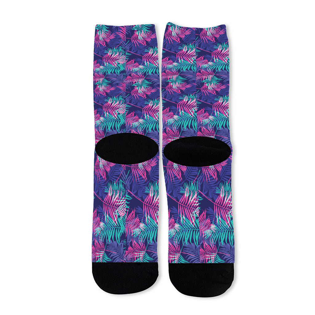 Pink And Blue Tropical Palm Leaf Print Long Socks