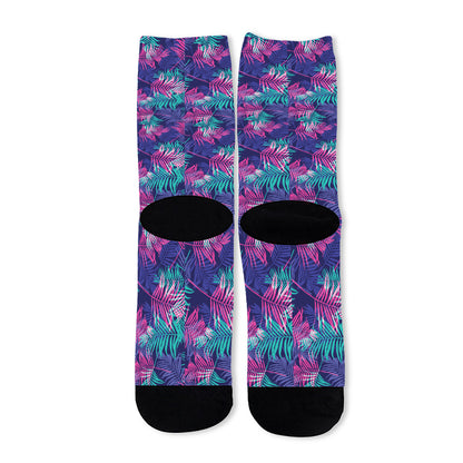 Pink And Blue Tropical Palm Leaf Print Long Socks