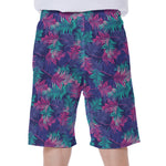 Pink And Blue Tropical Palm Leaf Print Men's Beach Shorts