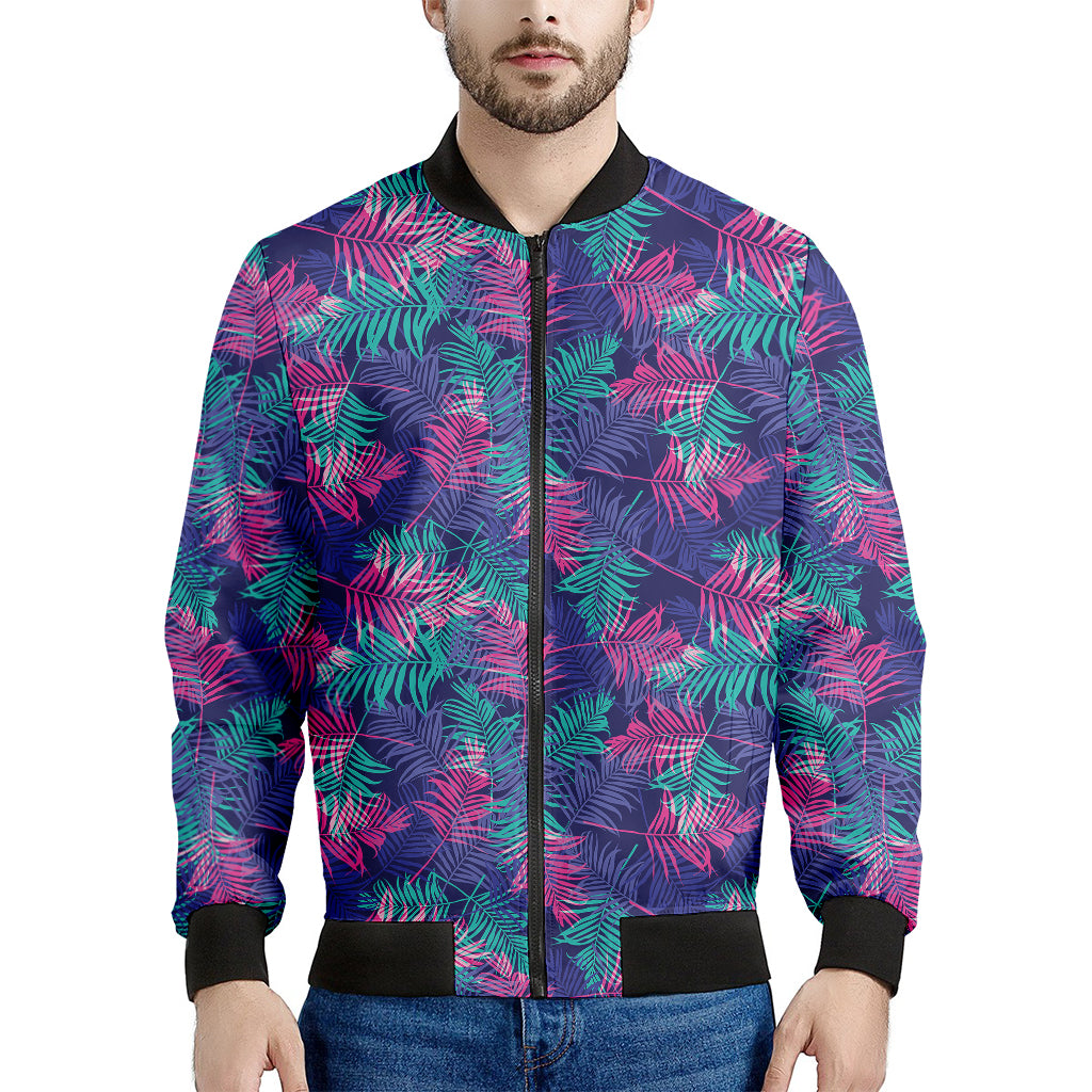 Pink And Blue Tropical Palm Leaf Print Men's Bomber Jacket