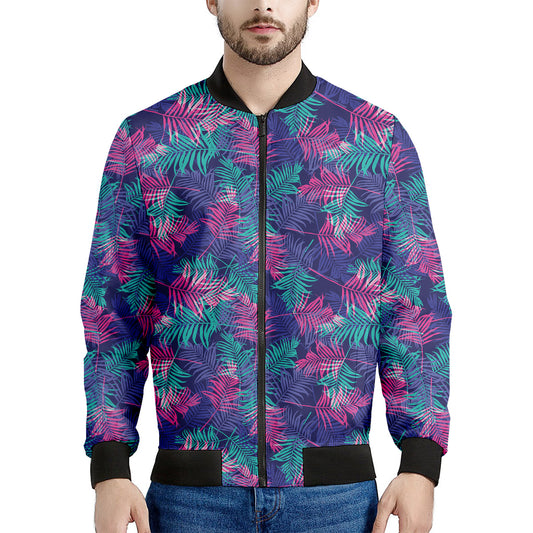 Pink And Blue Tropical Palm Leaf Print Men's Bomber Jacket