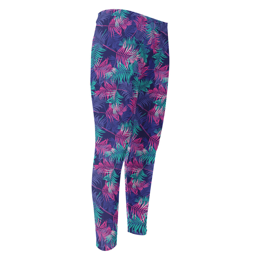 Pink And Blue Tropical Palm Leaf Print Men's Compression Pants