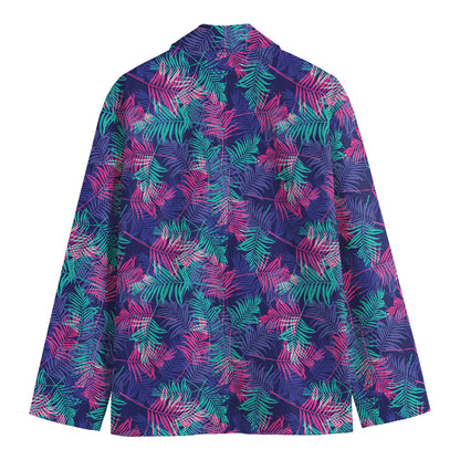 Pink And Blue Tropical Palm Leaf Print Men's Cotton Blazer