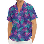 Pink And Blue Tropical Palm Leaf Print Men's Deep V-Neck Shirt