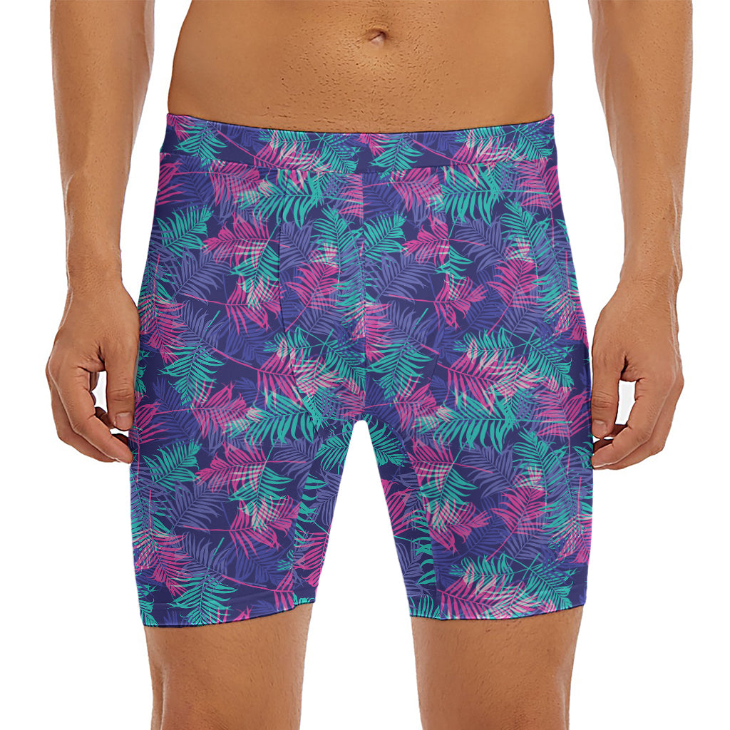 Pink And Blue Tropical Palm Leaf Print Men's Long Boxer Briefs