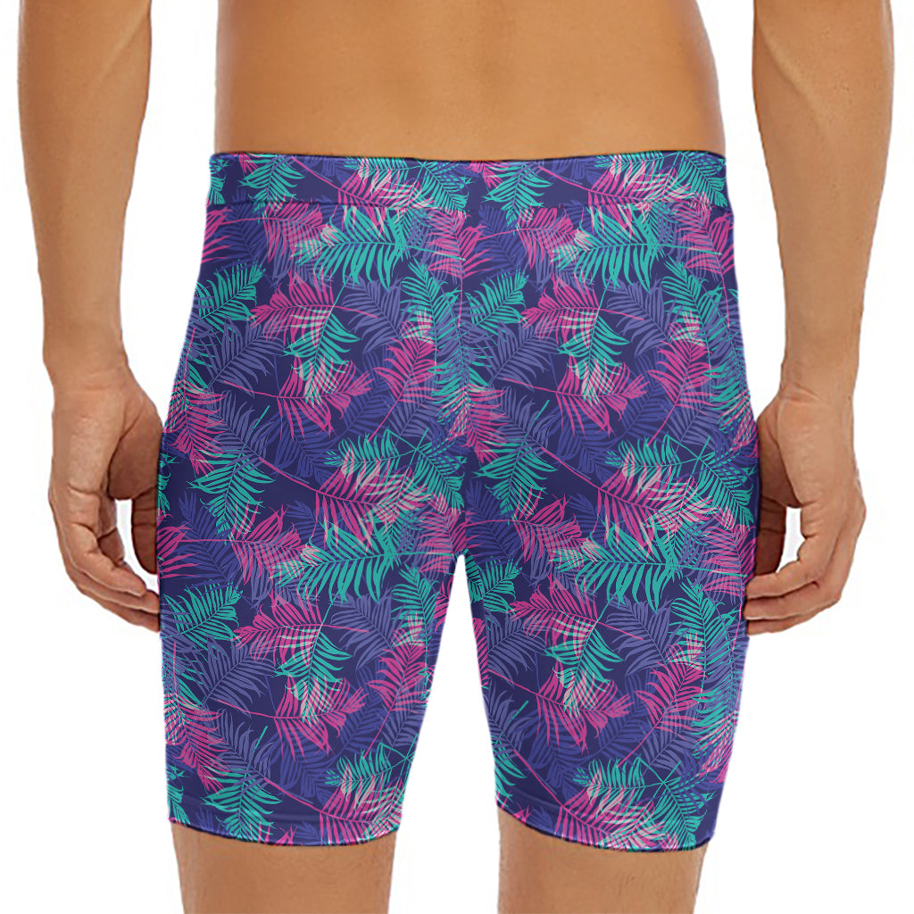 Pink And Blue Tropical Palm Leaf Print Men's Long Boxer Briefs
