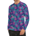 Pink And Blue Tropical Palm Leaf Print Men's Long Sleeve Rash Guard