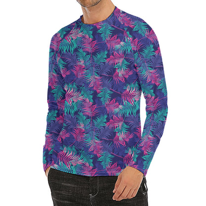Pink And Blue Tropical Palm Leaf Print Men's Long Sleeve Rash Guard