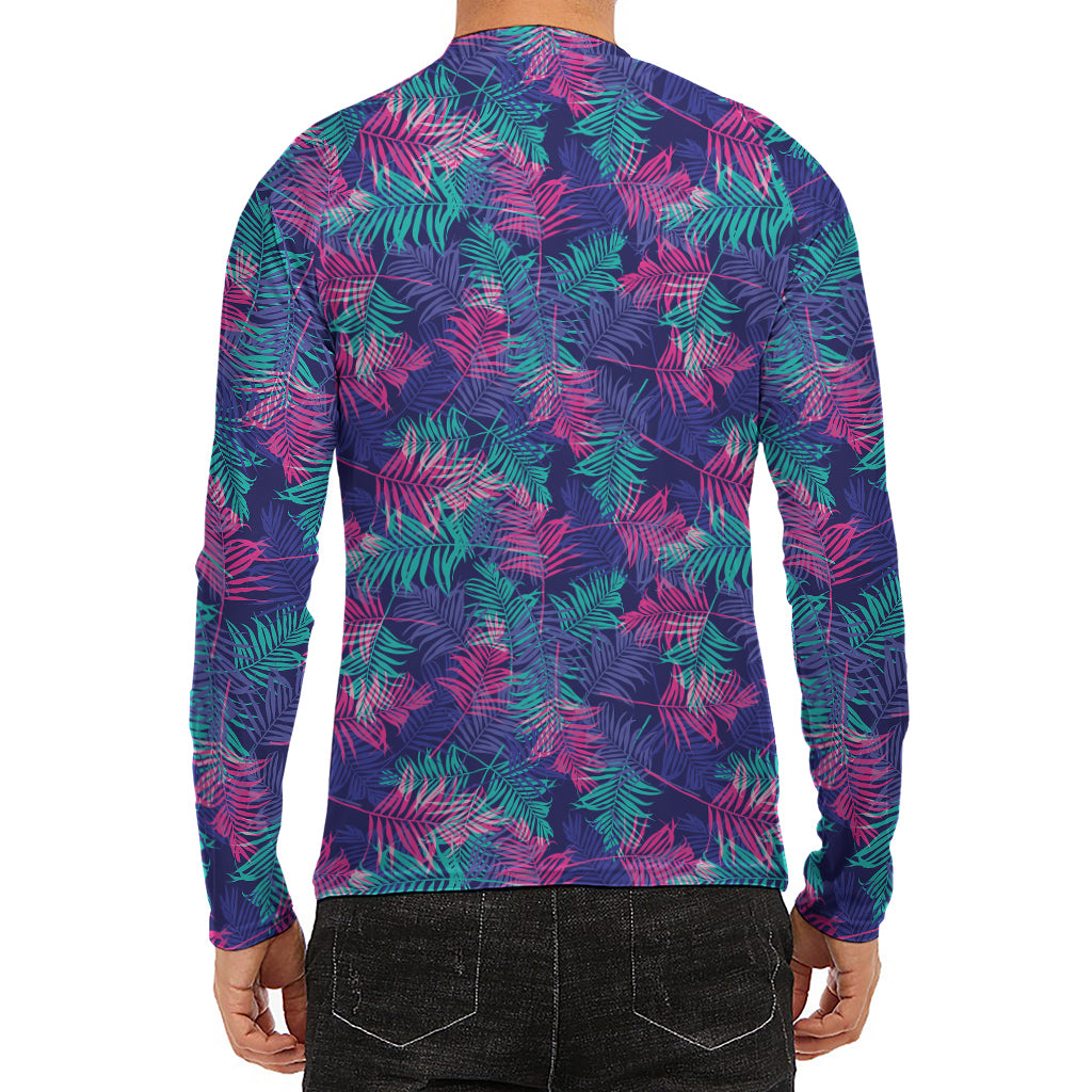 Pink And Blue Tropical Palm Leaf Print Men's Long Sleeve Rash Guard