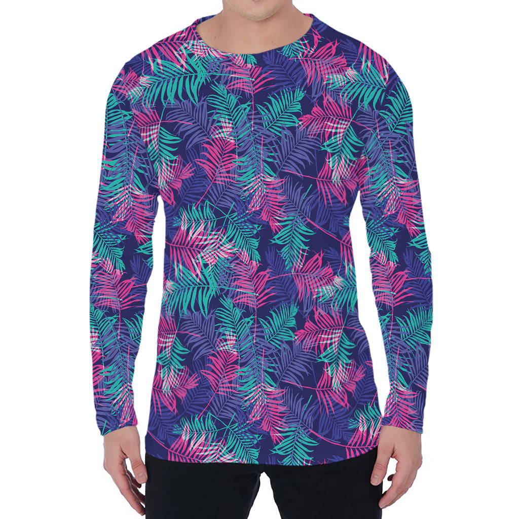Pink And Blue Tropical Palm Leaf Print Men's Long Sleeve T-Shirt