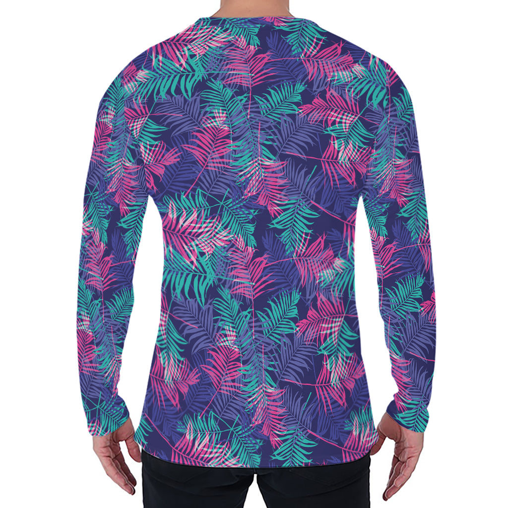 Pink And Blue Tropical Palm Leaf Print Men's Long Sleeve T-Shirt