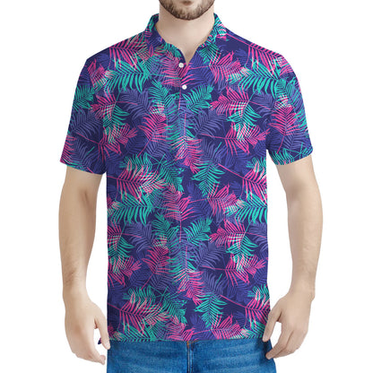 Pink And Blue Tropical Palm Leaf Print Men's Polo Shirt