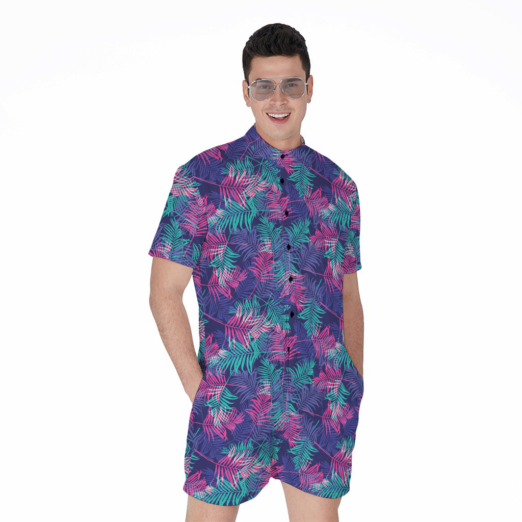 Pink And Blue Tropical Palm Leaf Print Men's Rompers