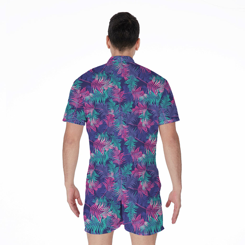 Pink And Blue Tropical Palm Leaf Print Men's Rompers