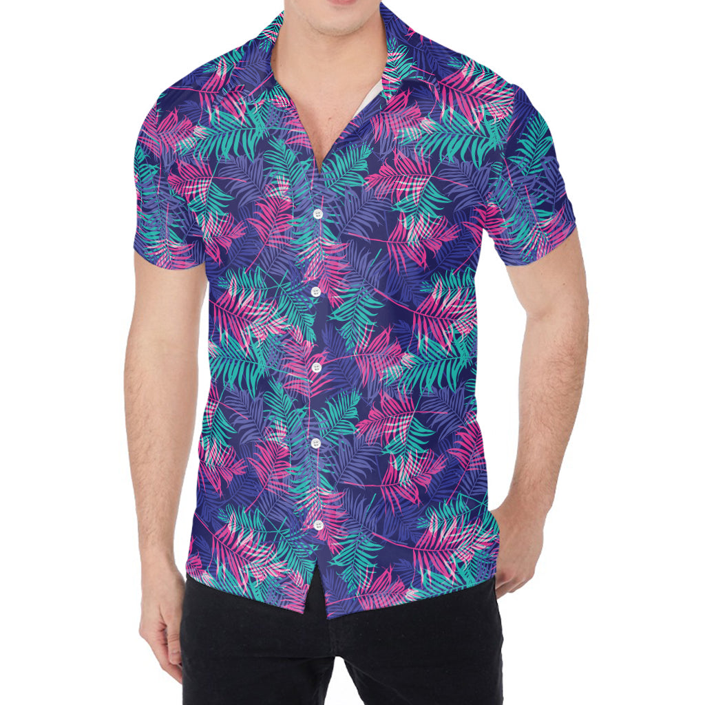 Pink And Blue Tropical Palm Leaf Print Men's Shirt