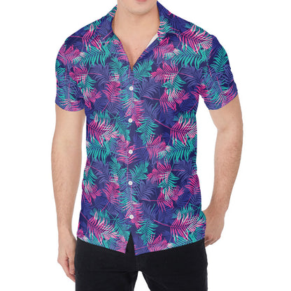 Pink And Blue Tropical Palm Leaf Print Men's Shirt