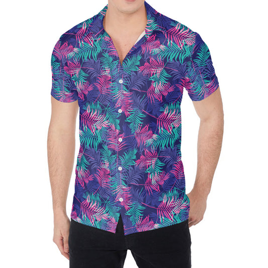 Pink And Blue Tropical Palm Leaf Print Men's Shirt