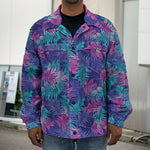 Pink And Blue Tropical Palm Leaf Print Men's Shirt Jacket