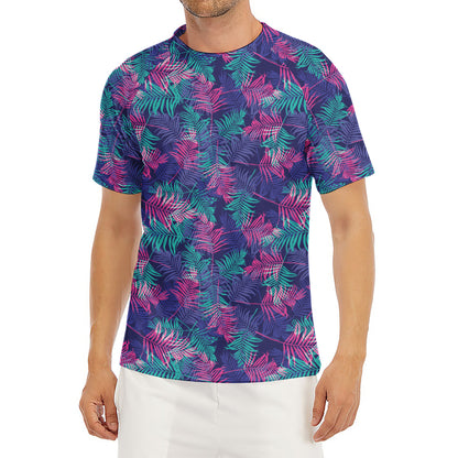 Pink And Blue Tropical Palm Leaf Print Men's Short Sleeve Rash Guard
