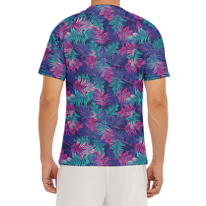 Pink And Blue Tropical Palm Leaf Print Men's Short Sleeve Rash Guard