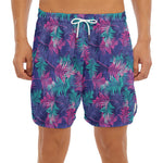 Pink And Blue Tropical Palm Leaf Print Men's Split Running Shorts