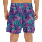 Pink And Blue Tropical Palm Leaf Print Men's Split Running Shorts