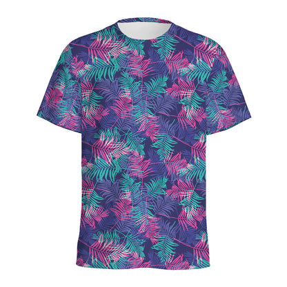 Pink And Blue Tropical Palm Leaf Print Men's Sports T-Shirt